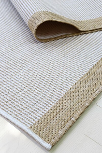 SoftNest Bej-Çizgili Sisal Halı Kaydırmaz Taban Yumuşak Modern Antre Leke tut...
