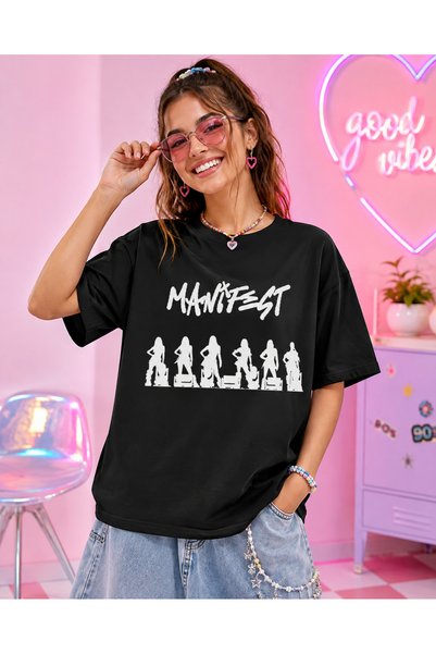 fingerjewerly Manifest Group Printed Oversize T-Shirt Unisex 80% Cotton Boxy Fit Streetwear T-Shirt Thick Textured