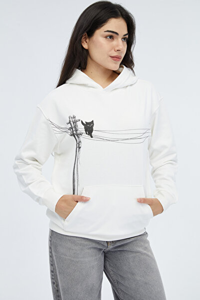 Kedi Desenli Kapüşonlu Swaetshirt Basic Hoodie
