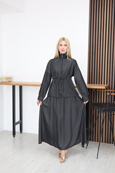 MODAELA Waist-Cinched Zippered Skirt Suit