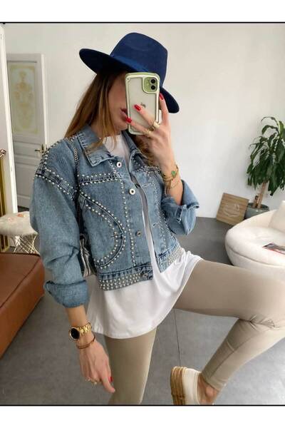 AndraRose Styles Geacă Denim Damă DAKOTA cu Ținte Metalice - Albastru