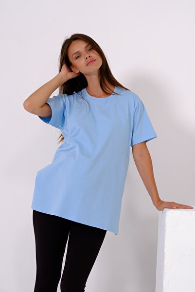 BUSA Maternity Zippered Breastfeeding Detailed Short Sleeve Combed Cotton Crew Neck Oversize T-Shirt Baby Blue