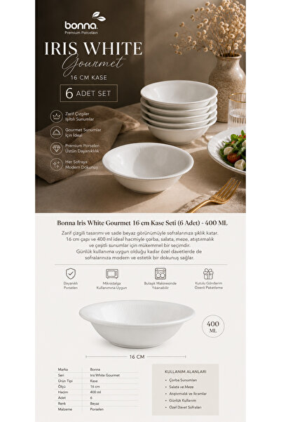 Bonnami 6 Adet Bonna Iris White Gourmet 16 cm 400 ML Porselen Kase Seti