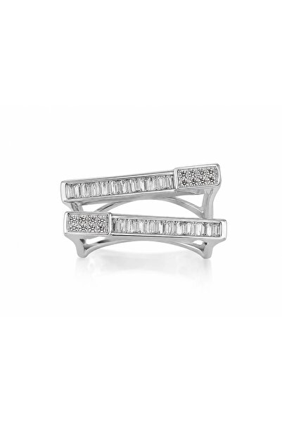 Valmont Adjustable Baguette and Round Crystal Stone Silver Color Women's Ring