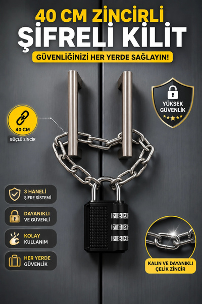 ellante 40 CM Zincirli Şifreli Kilit – 3 Haneli Kombinasyonlu Çelik Zincir Do...