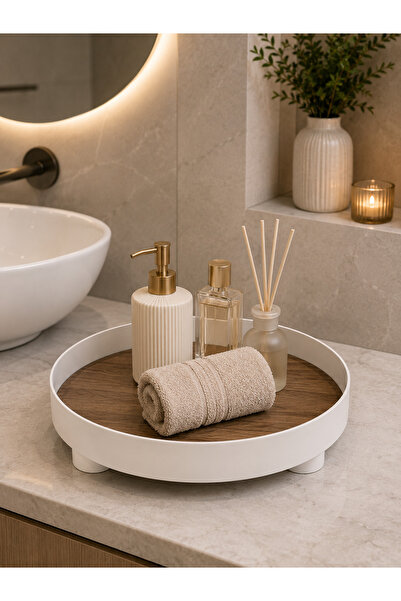 Leila Wooden Base Bathroom Organizer Round Decorative Standing Organizer 28 cm
