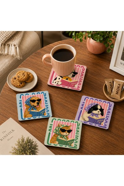 kids town Set of 4 Colorful Animal Figured Wooden Mdf Coasters – Uv Printed 9X9 cm Decorative Coffee and Tea Coasters