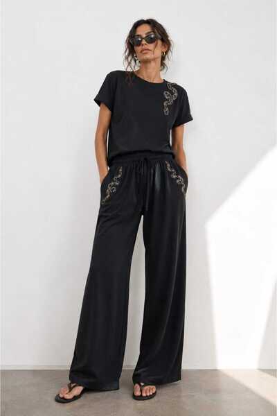 Yumey Kadın Siyah Taş Aksesuar İşlemeli Oversize Tshırt ve Bol Paça Pantalon ...