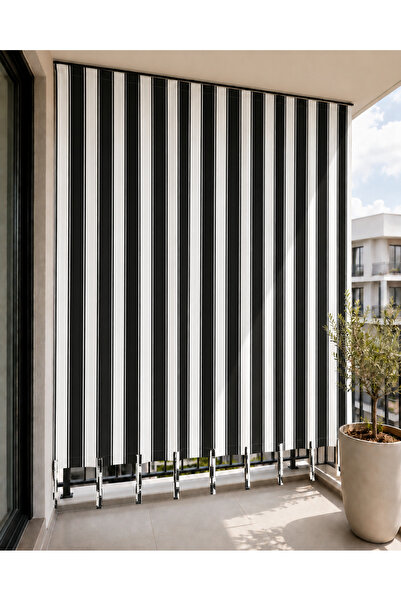 SHY TEKSTİL Gri Beyaz Kornişli Su Geçirmez Balkon Perdesi Bağcıklı, Güneş ve ...