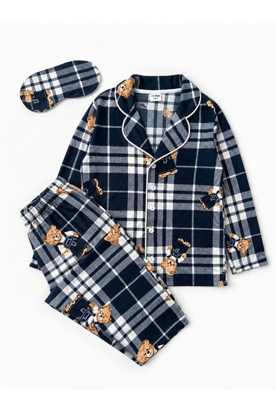 ALİŞ KİDS Suitable for Girls and Mothers, Navy Blue Suede Fabric Plaid Teddy Bear Patterned Shirt Collar Winter Pajama Set