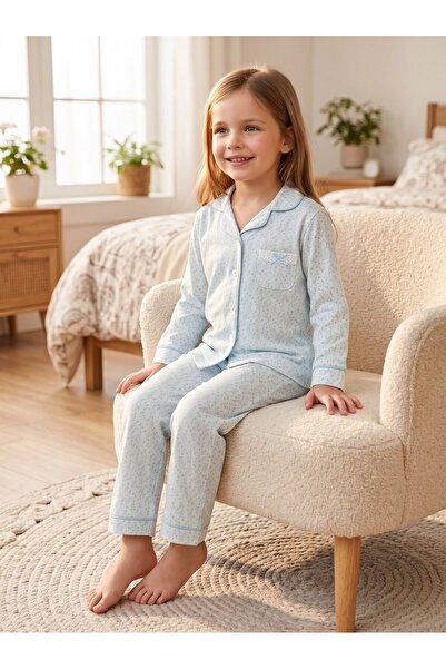 Moumou Kids Kız Çocuk Gömlek Yakalı Düğmeli Çiçekli Uzun Pijama Takımı