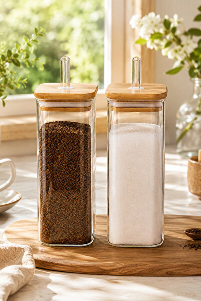 Porsima Cubes 2'li Bambu Kapaklı Borosilikat Cam Yağlık Yağdanlık Sirkelik Sosluk Tuzluk Baharatlık Seti 525 ml – 9x18 cm