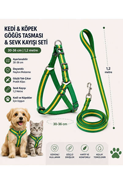 Baron Pet Kedi ve Köpek Göğüs Tasması Sevk Kayışı Seti 30-36 cm Şeritli 1,2 M...