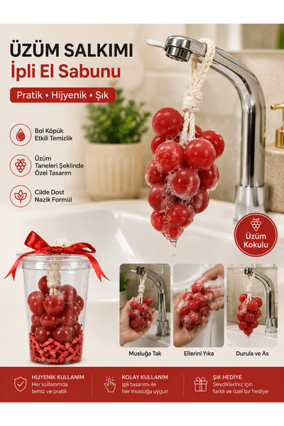 EMVORA HOME Üzüm Salkımı İpli El Sabunu – Musluğa Asılabilir Dekoratif ve Pra...