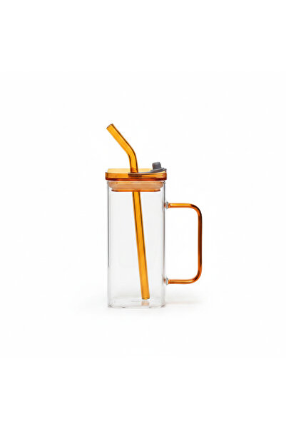 Yuniverse Square Glass Juice Mug with Straw — 400 ml