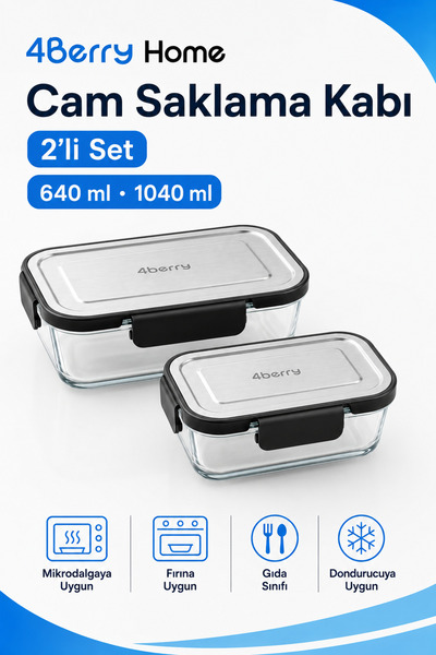 4 Berry 2’li Dikdörtgen Cam Saklama Kabı Seti 640 ml + 1040 ml İnoks Kapaklı ...