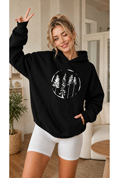 caddekombin Women's Pine Trees Graphic Printed Hooded Kangaroo Pocket Cotton ...