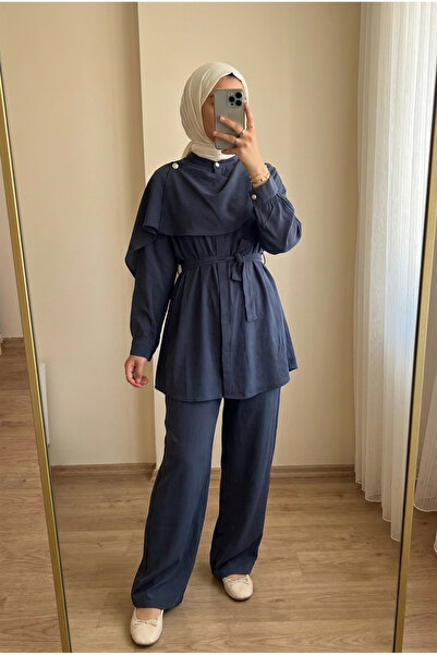 Kirazca Butik Women's Imported Cupra Fabric Cape Detailed Belted Two-Piece Suit with Trousers