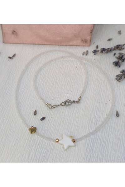 Amma Design Colier damă handmade cu mărgele și pandantiv stea albă, stil mini...
