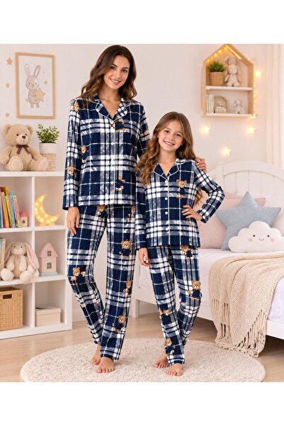 ALİŞ KİDS Suitable for Girls and Mothers, Navy Blue Suede Fabric Plaid Teddy ...