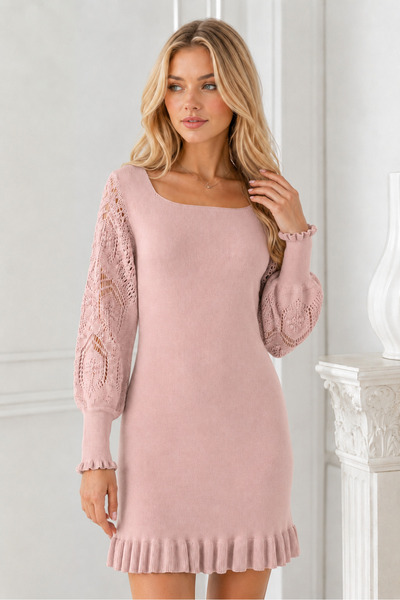 AQE FASHION Kadın U Yaka Uzun Kollu Kolu Dantel Detaylı Eteği Fırfırlı Vücuda...