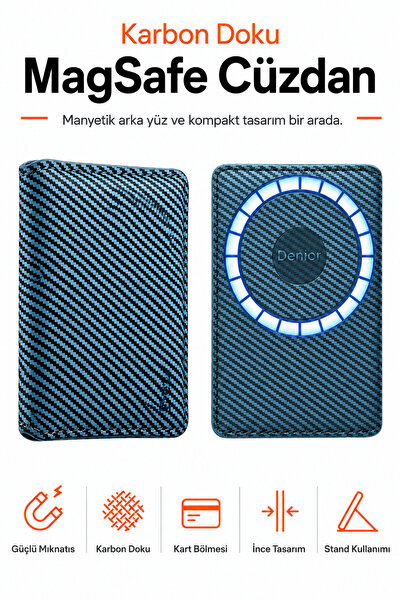 Ayers Premium Karbon Dokulu 2 Katlı MagSafe Manyetik Erkek Cüzdan Standlı Kar...