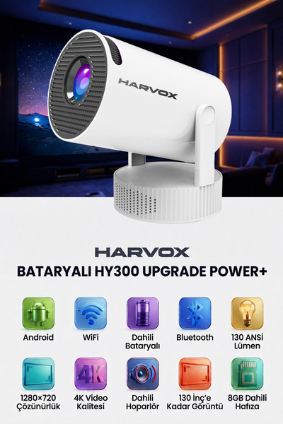 HARVOX HY300 Upgrade Power+ Bataryalı Projeksiyon Cihazı Taşınabilir 4K Deste...