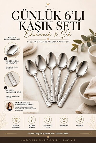 Transformacion 6lı Çelik Ekonomik Yemek Kaşığı Seti Günlük Çorba Kaşıkları 72...