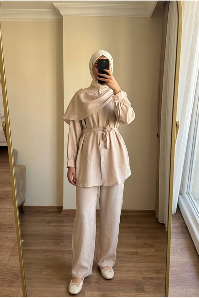 Kirazca Butik Modest Two Piece Set - Cream - Long