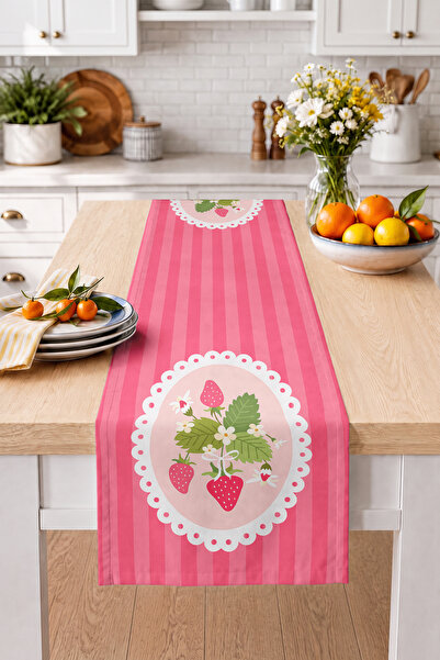 Home Çilek ve Çiçek Desenli Oval Motifli Dijital Baskılı Dekoratif Masa Runne...