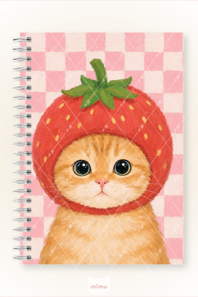 Mimu Art Studio Çilek Kostümlü Kedi Desenli 60 Yaprak Çizgisiz Okul Defteri A...