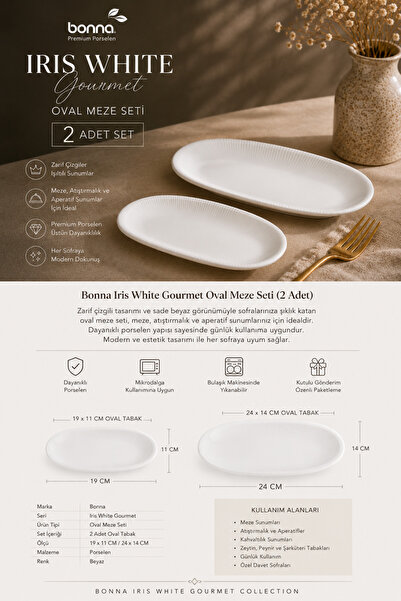 Bonnami 2'li Set Bonna Iris White Gourmet Porselen Oval Meze Tabağı Seti 19 cm & 24 cm