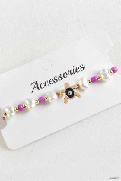 ZERO LAND CONCEPTA Turtle Beaded Pearl Macramé Cord (233300) Pink Bracelet