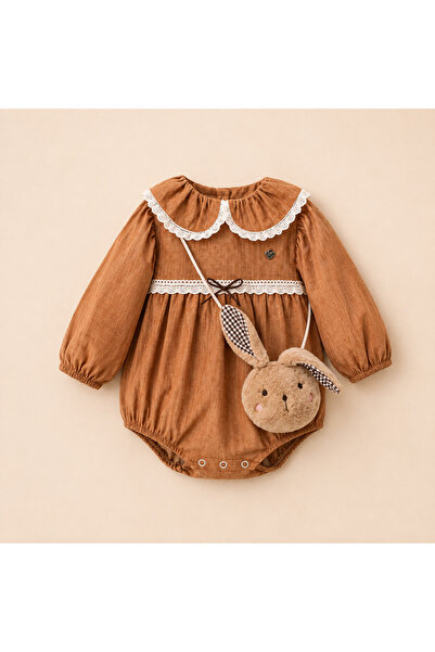 LİLİYUM Baby Girl Brown Lace Romper Dress with Bunny Bag – Stylish Long Sleev...