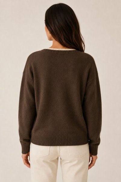 AlvaLuna Women's V-Neck Lace Detailed Long Sleeve Knitwear Sweater