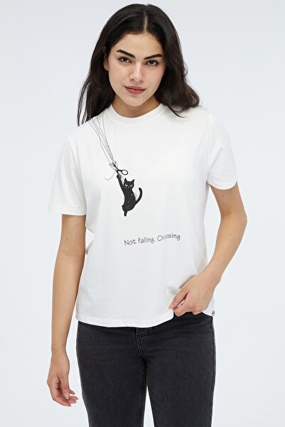 Paraşütlü Kedi Baskılı Basic T-Shirt