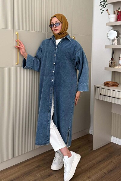 Modaensarbutik Boydan Düğmeli Denim Ara Boy Kap Gömlek-AÇIK MAVİ