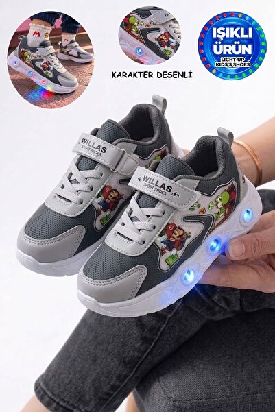 AlbiShoes Çocuk Spr Marıo Desen Işıklı Rahat Hafif Mevsimlik Cilt Okul Günlük...