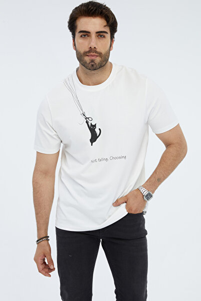 Paraşütlü Kedi Baskılı Basic T-Shirt