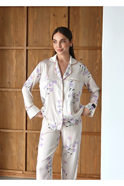 Lilas Lumiere Saten Uzun Kollu Pijama Takımı