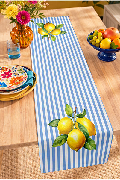 Home Limon Figürlü Çizgili Desenli Dekoratif Masa Runnerı Dijital Baskılı Run...