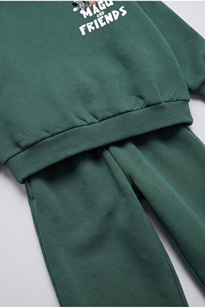 Magu Children's Cotton Friends Printed Green School Sweatshirt and Sweatpants Set