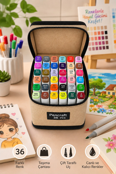 SYN AKSESUAR Pencraft 36’lı Profesyonel Çift Uçlu Marker Boyama Kalemi Seti –...