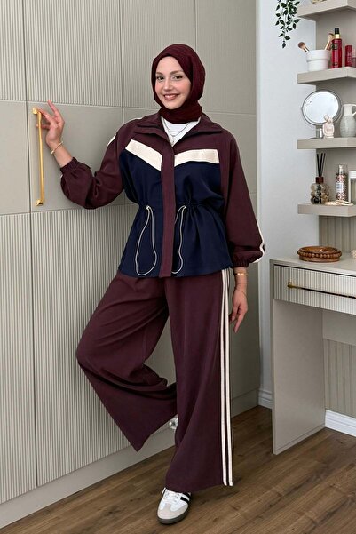 Modaensarbutik Bel Büzgülü Şerit Detaylı Pantolonlu Tesettür Takım-BORDO
