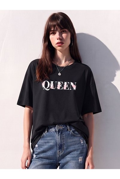 Flubutik Γυναικείο μπλουζάκι σε μαύρο χρώμα, oversize, με φλοράλ στάμπα Queen