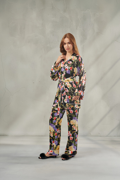 DAWN LİNE Kadın Sabahlıklı Saten Pijama Takımı Nuit - Kontrast Beyaz Biyeli C...
