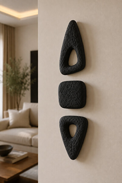 Muyika Design Modern Duvar Panosu 3 Parça Antrasit Taş Efektli Soyut Tablo Duvar Dekoru MUYİKA-Kare 2 Üçgen Antrasit