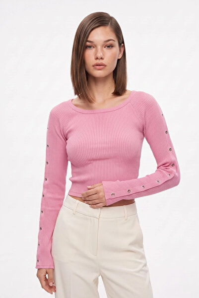 cemo Madonna Yaka Kolları Metal Zımba Detaylı Ribana Crop Bluz