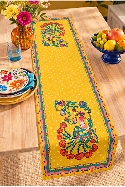 Home Tavuskuşu ve Çiçek Motifli Vintage Desenli Dijital Baskılı Runner - Deko...