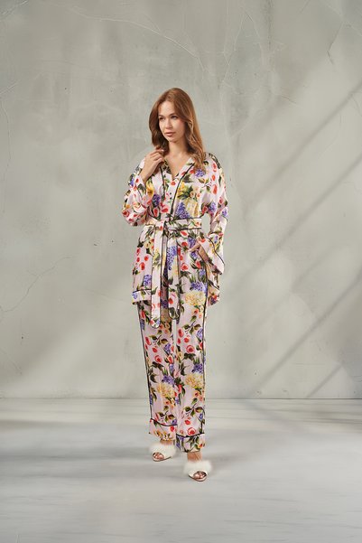 DAWN LİNE Women's Floral Patterned Satin Pajama Set Verbena & Robe Nightgown Set New Year's Bridal Dowry Pajamas